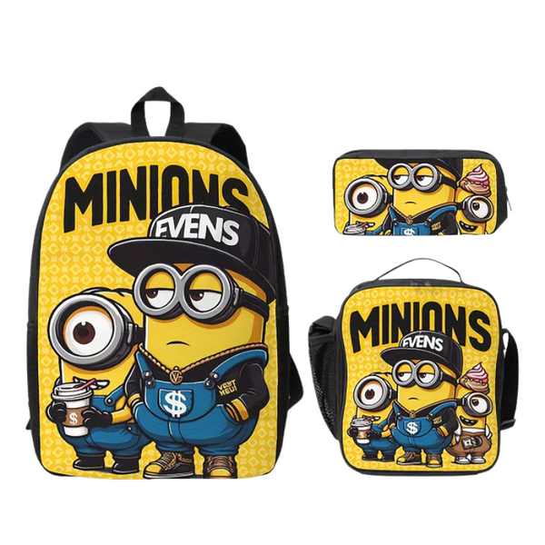 Kit Escolar Minions em Nylon - Mochila, Lancheira e Estojo